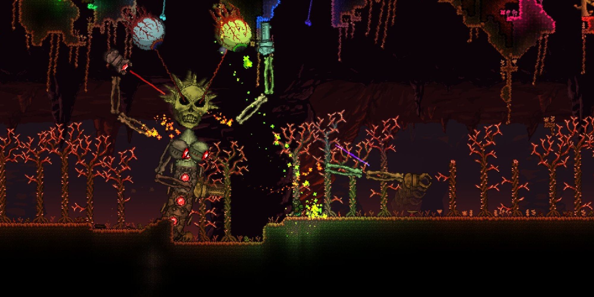 A player fighting Mechdusa in Terraria.