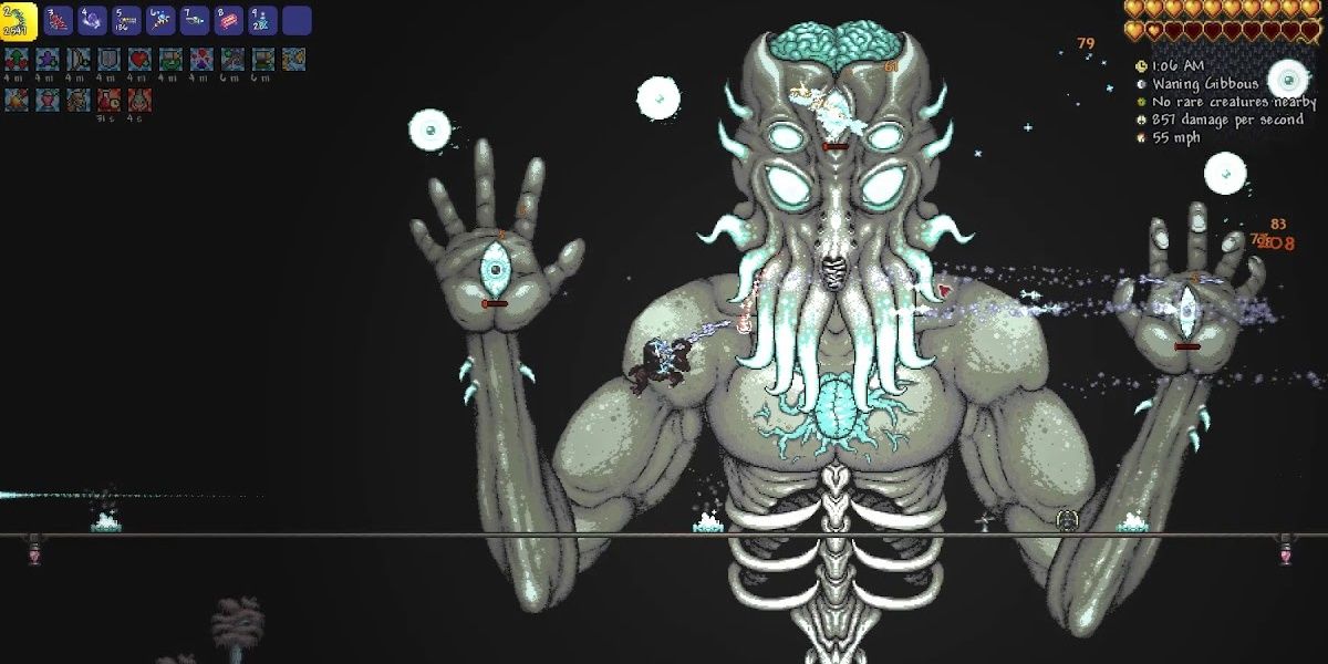A player fighting the Moon Lord at night.