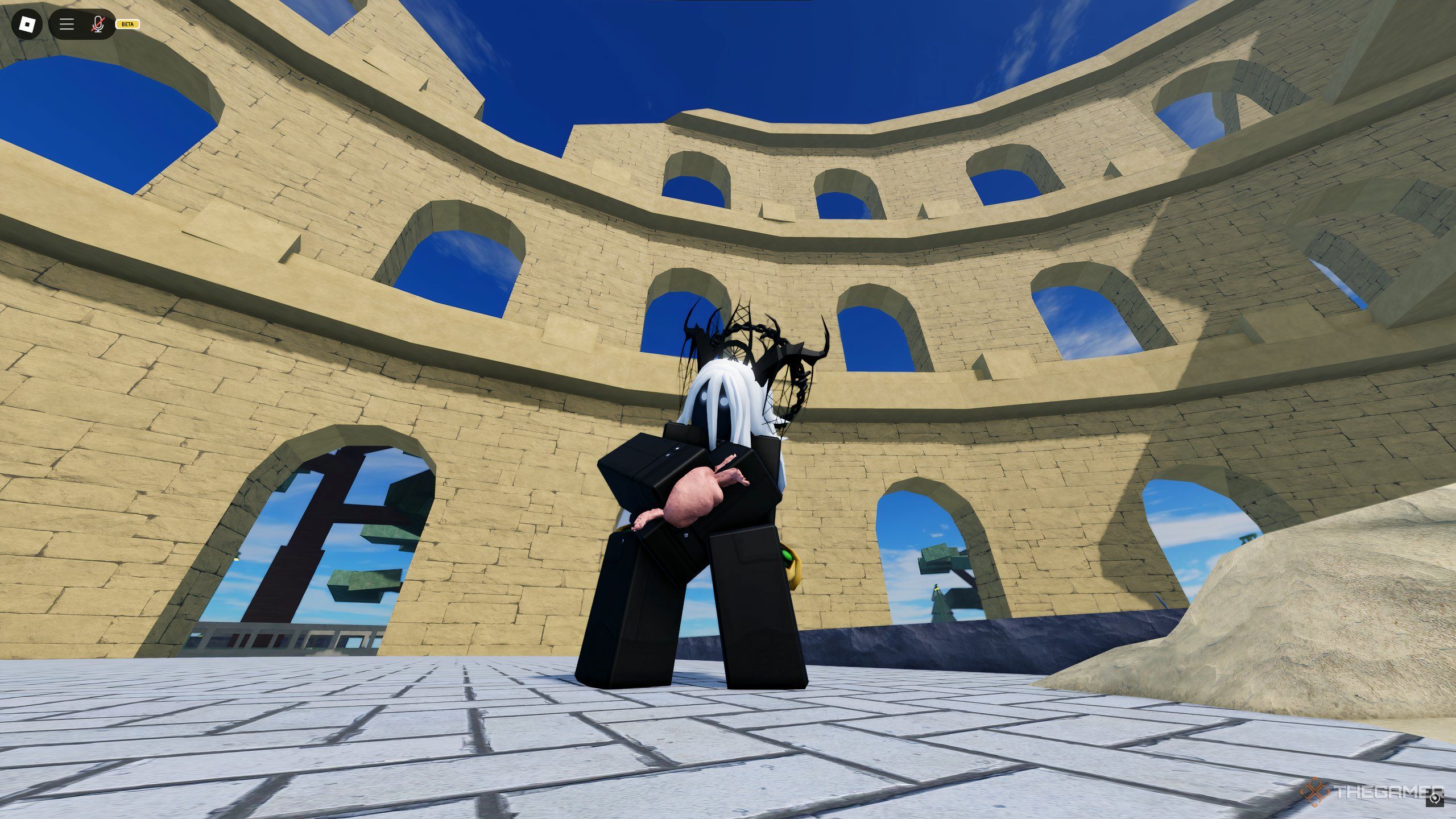 A player holding the Heart of the Saint in Roblox: A Universal Time.