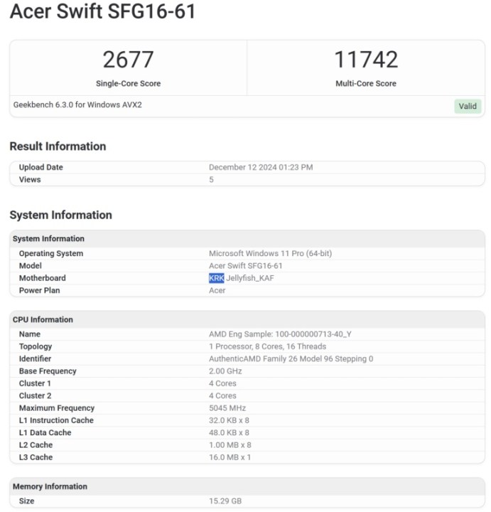 Leaked Geekbench 6 scores of upcoming AMD Krackan Point Ryzen AI 7 350.