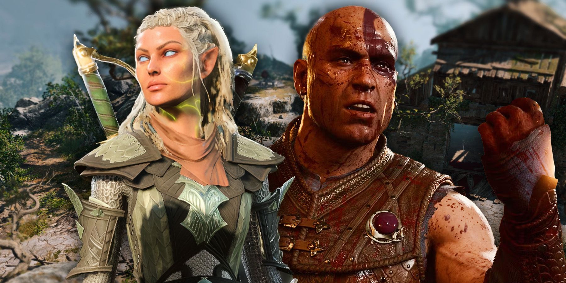 Jaheira with glowing white eyes and a blood-covered Minsc in screenshots from Baldur's Gate 3.