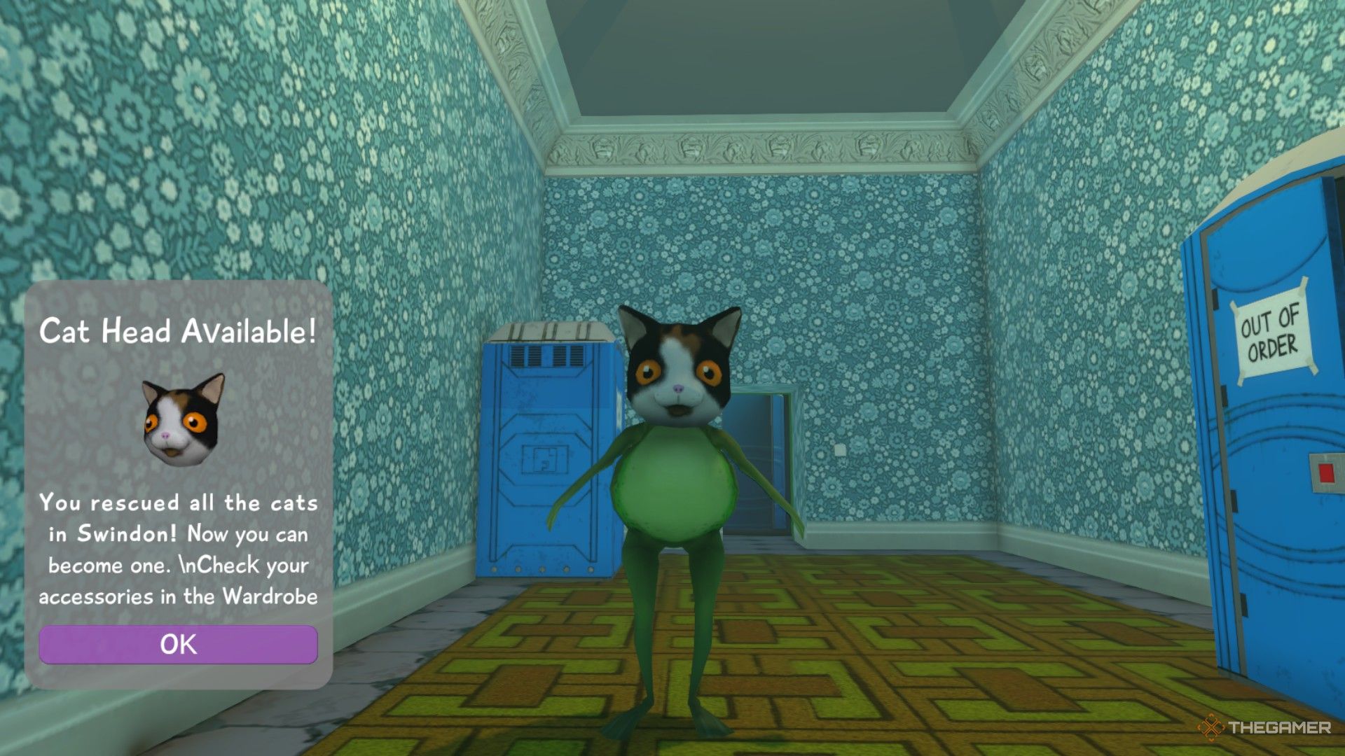 The player wears cat head gear in Amazing Frog.