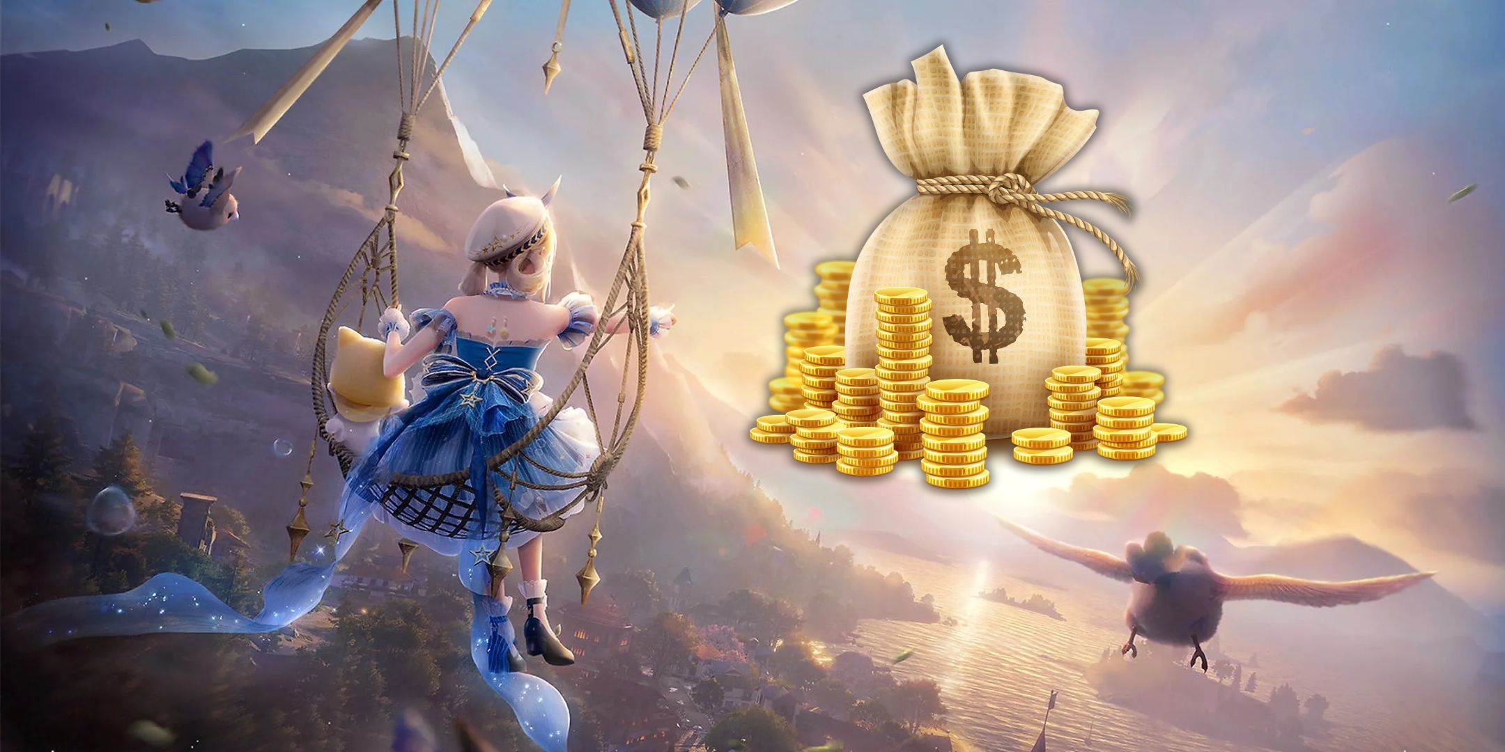 Infinity Nikki screenshot of Nikki floating from a balloon ride pointing at a graphic of a bag of money in the sky