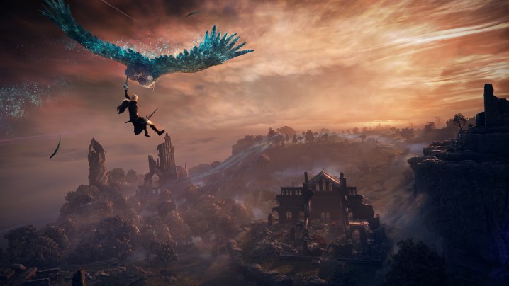 A knight suspended from a huge glowing eagle in Elden Ring Nightreign.