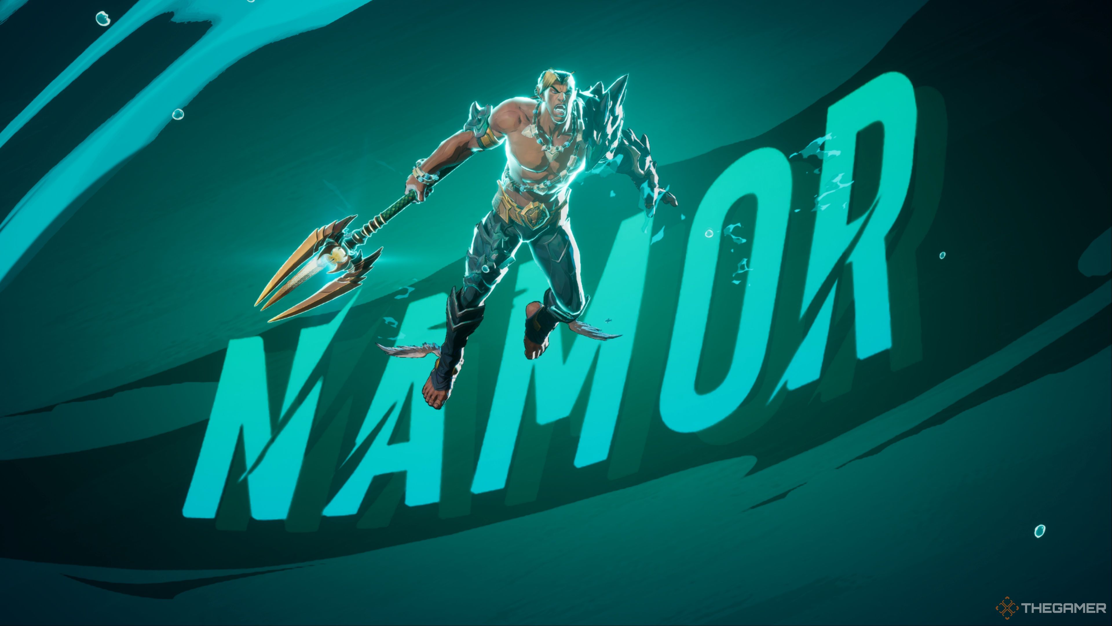 Namor standing underwater, shouting toward the surface against a teal and green backdrop in Marvel Rivals