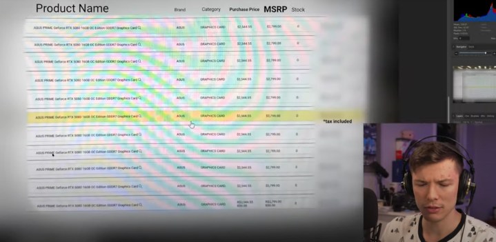 A screenshot detailing the pricing for RTX 5080.