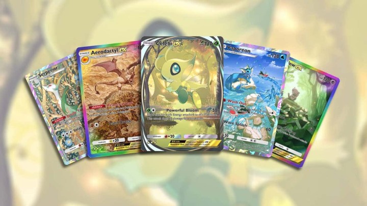 A display of Pokemon TCG Pocket cards including Serperior, Aerodactyl ex, Celebi ex, Vaporean, Mew ex.