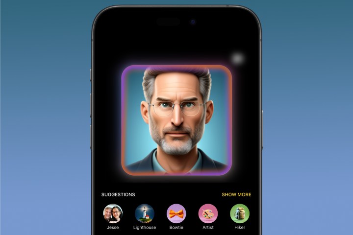 An iPhone displaying an Apple Intelligence rendering of Steve Jobs in the Image Playground app.