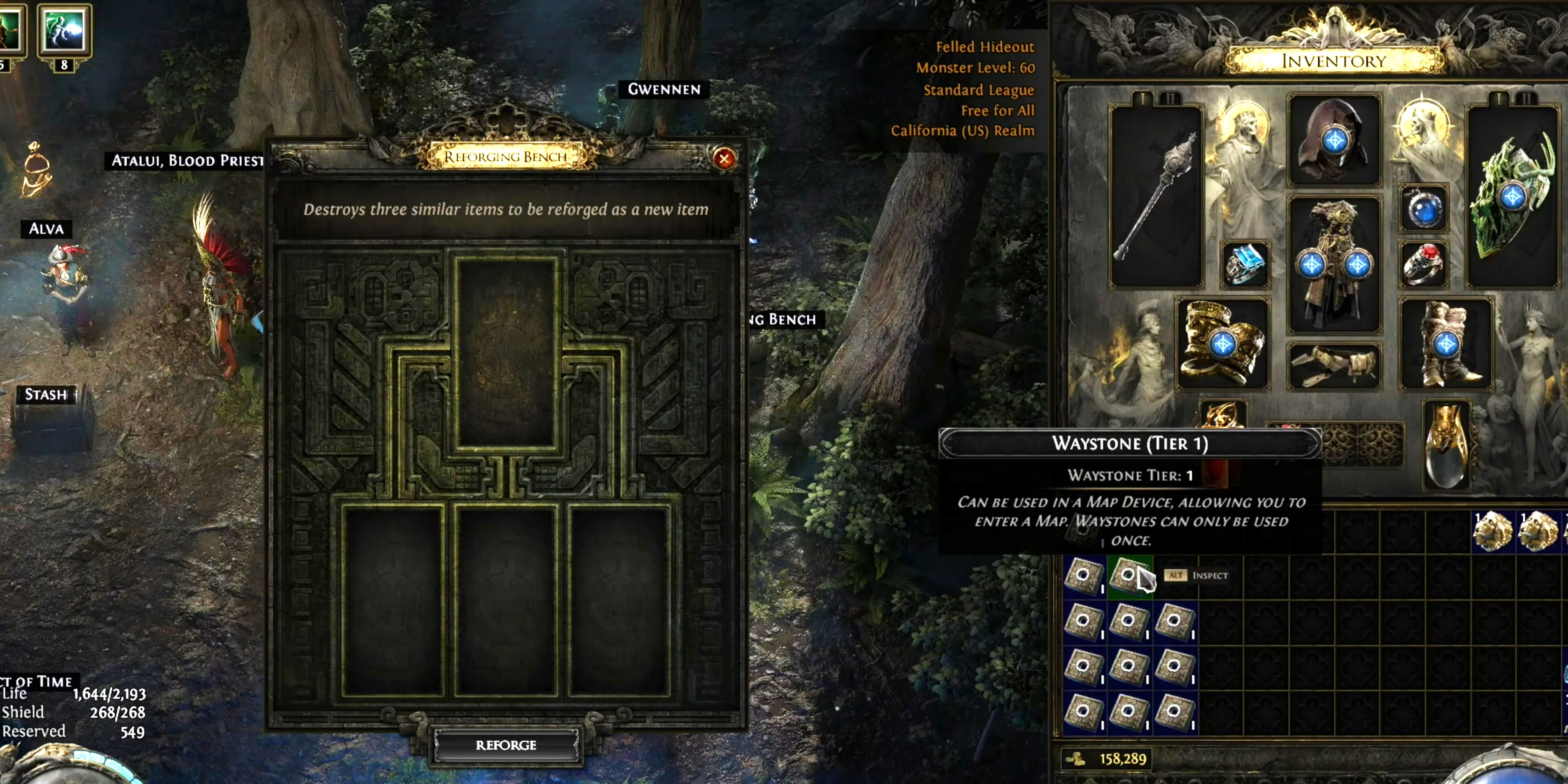 The Reforging Bench UI in Path of Exile 2, showing three slots at the bottom and one at the top, with an inventory window on the right.