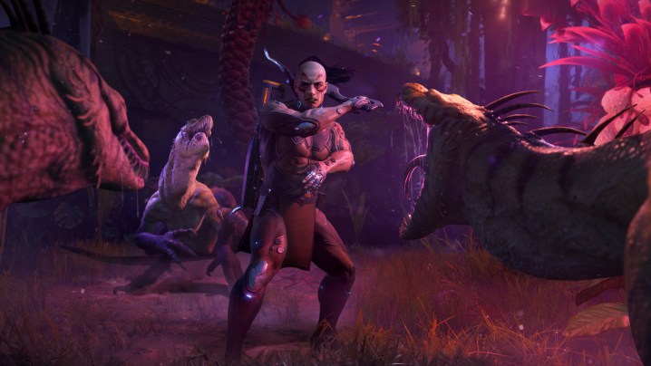 A Turok battling dinosaurs in Turok: Origins.