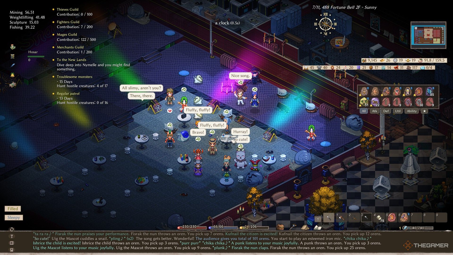 A pianist in Elin plays music to a crowded clubroom at the Fortune Bell Casino.
