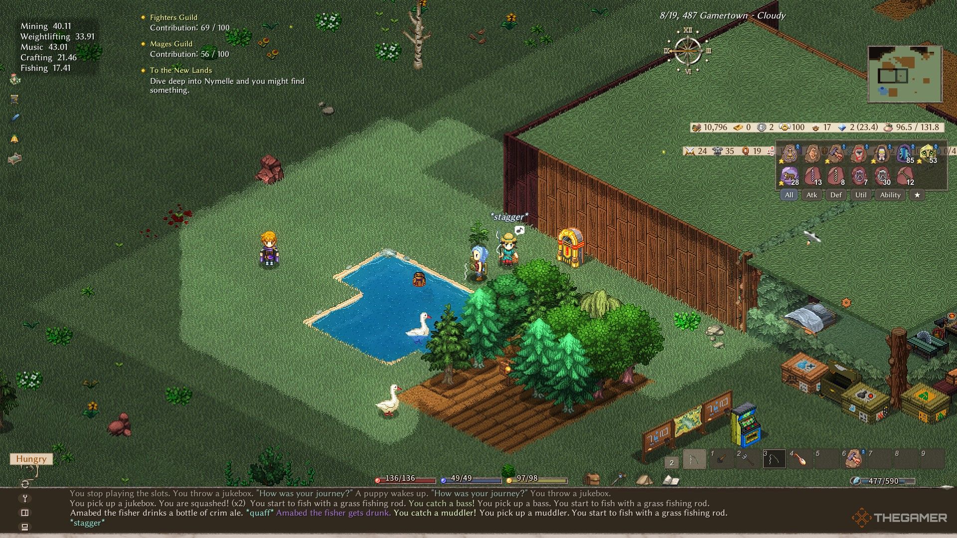 A player in Elin fishes in a pond while managing an adjacent tree farm.