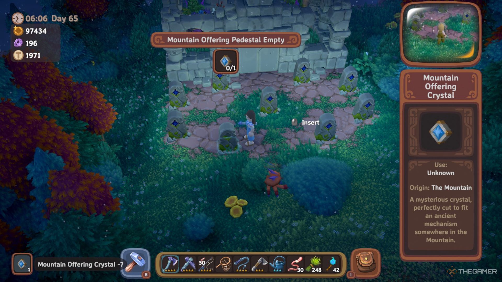 Player character placing Mountain Offering Crystals into a Mountain Offering Pedestal in Luma Island.