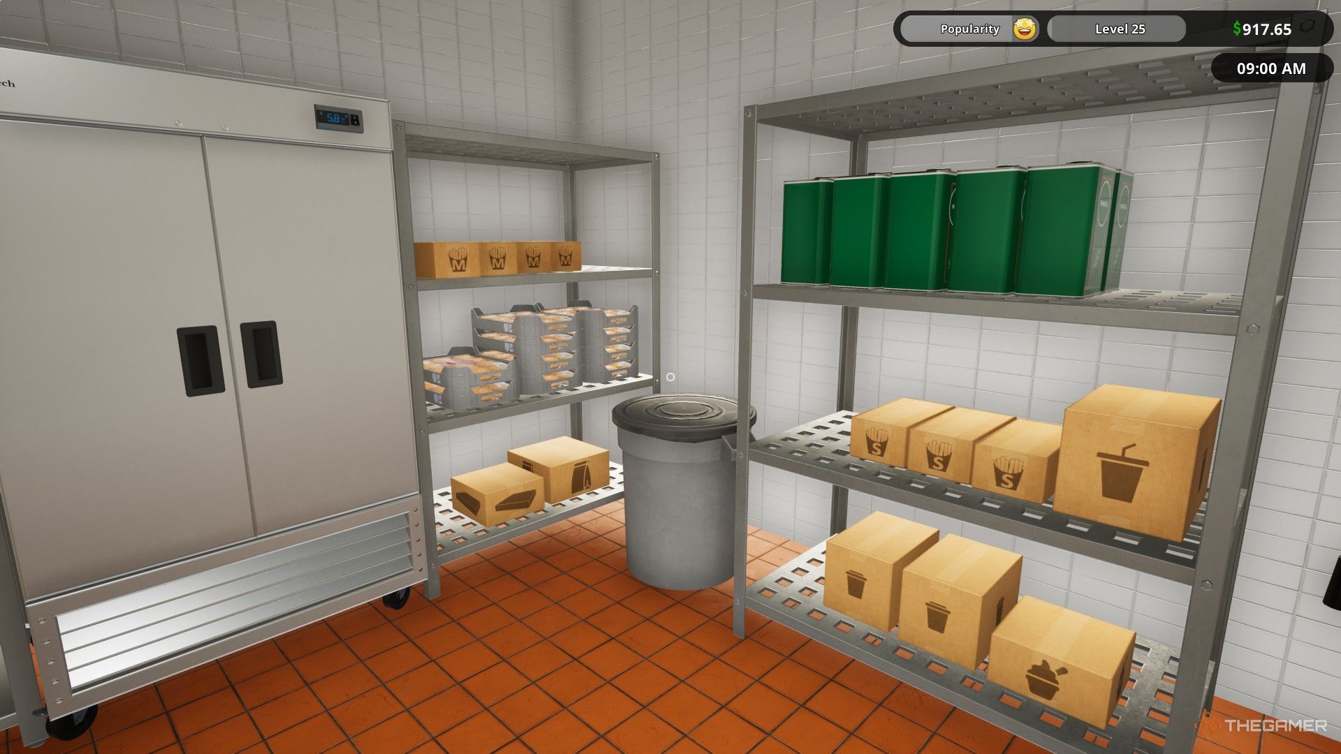 The image shows the shelves inside the kitchen stocked up with items in Fast Food Simulator.