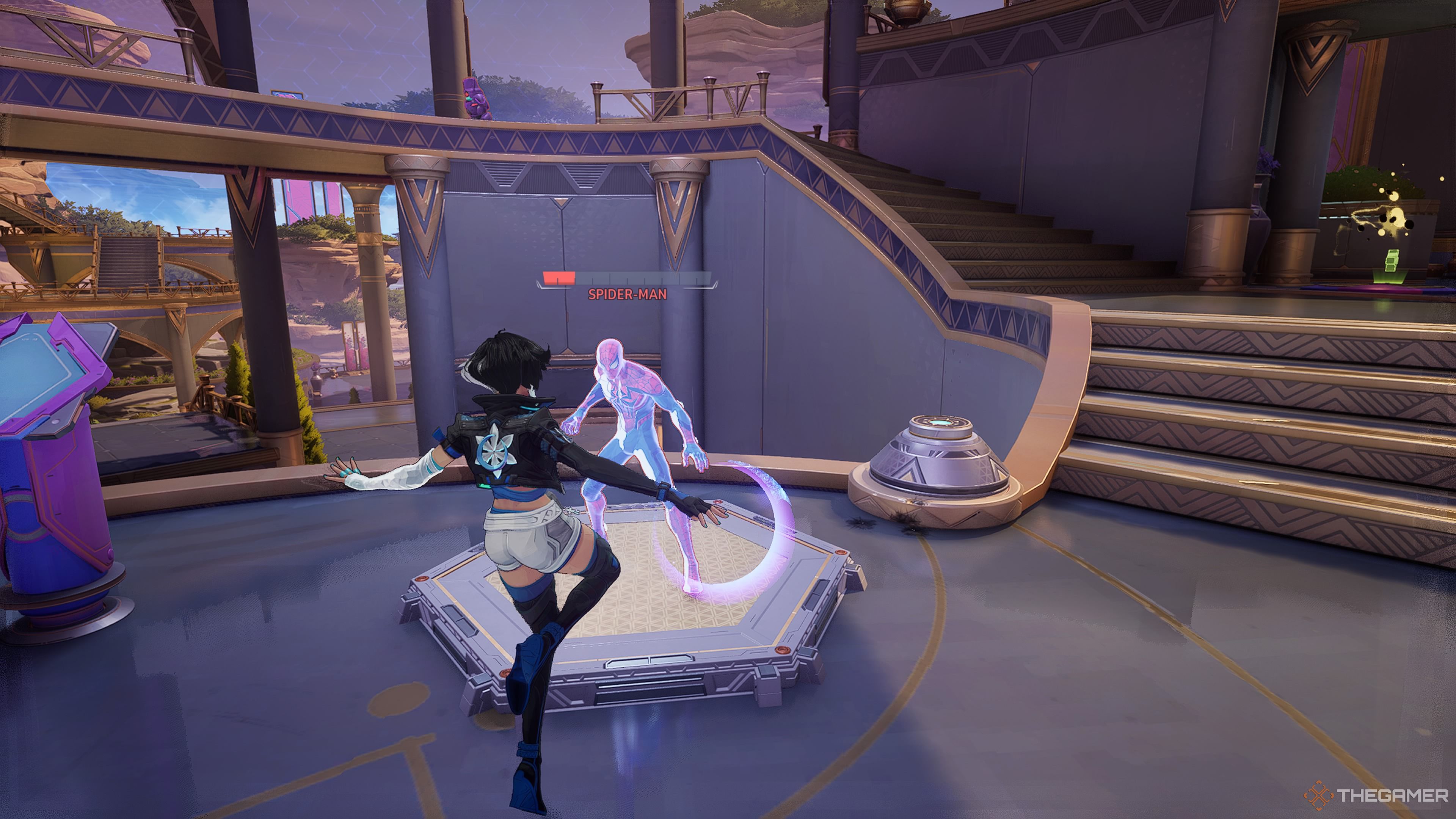 Luna Snow freezing Spider-Man in Marvel Rivals, showcasing her powers during combat.