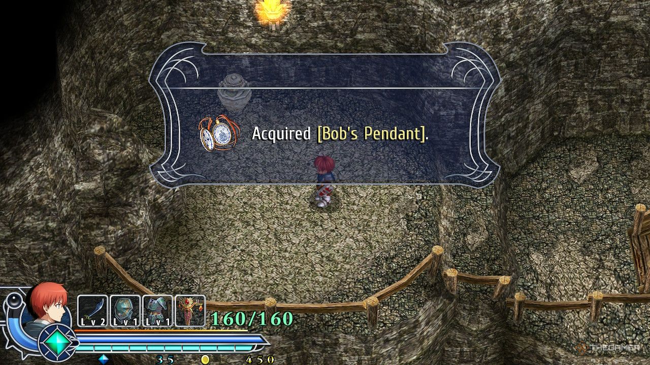 Adol retrieving Bob's pendant in the Tigray Quarry in Ys Memoire: Oath in Felghana.