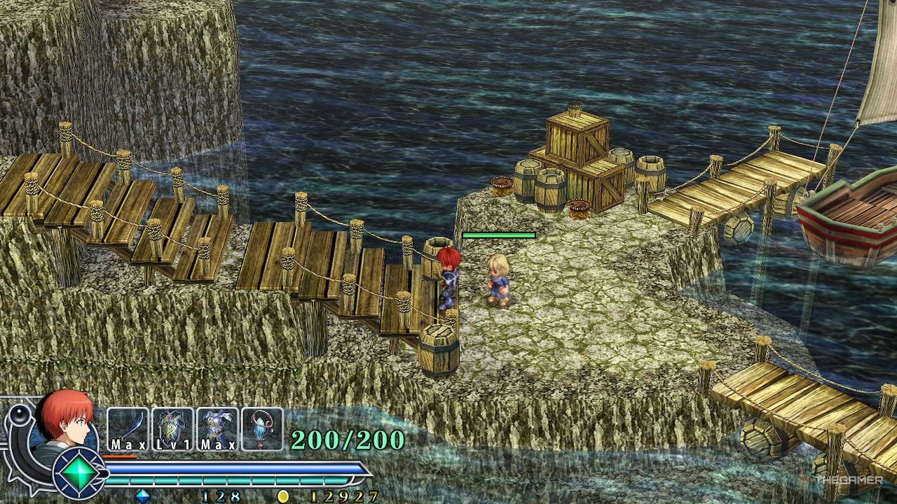 Elena with a health bar being escorted back to Redmont with Adol in Ys Memoire: The Oath in Felghana.