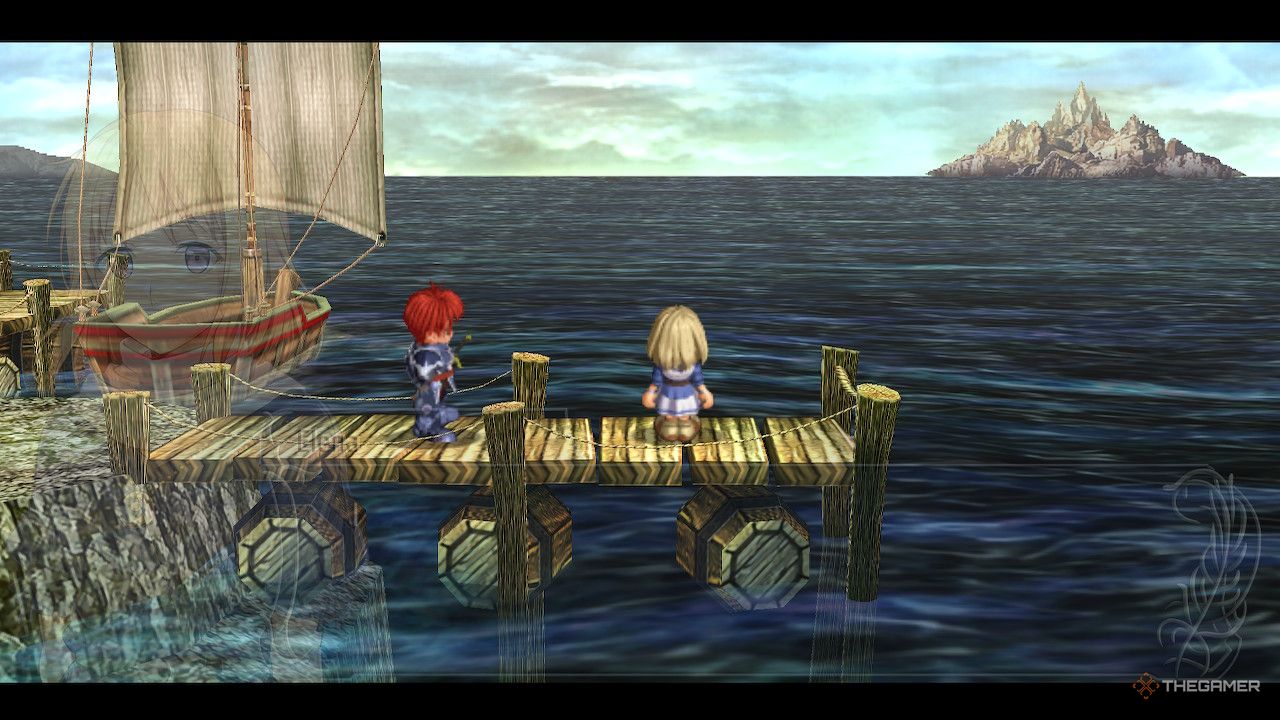 Adol with Elena looking toward Genos Island in Ys Memoire: The Oath in Felghana.
