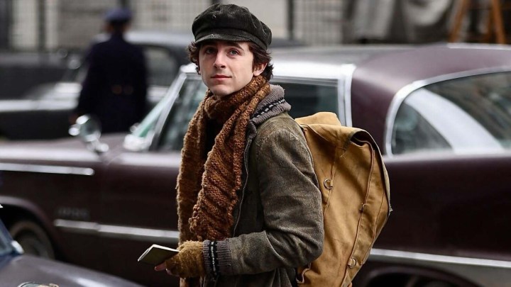 Timothee Chalamet as Bob Dylan in A Complete Unknown.