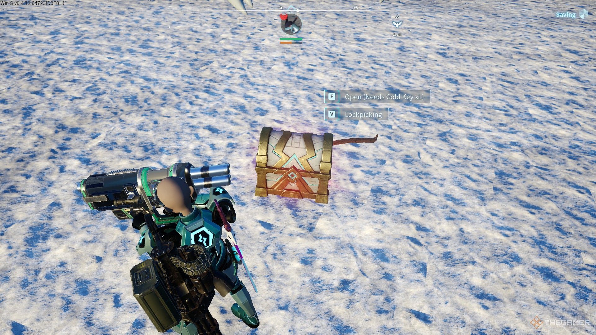 A player stands in front of a chest requiring a Gold Key in Palworld.