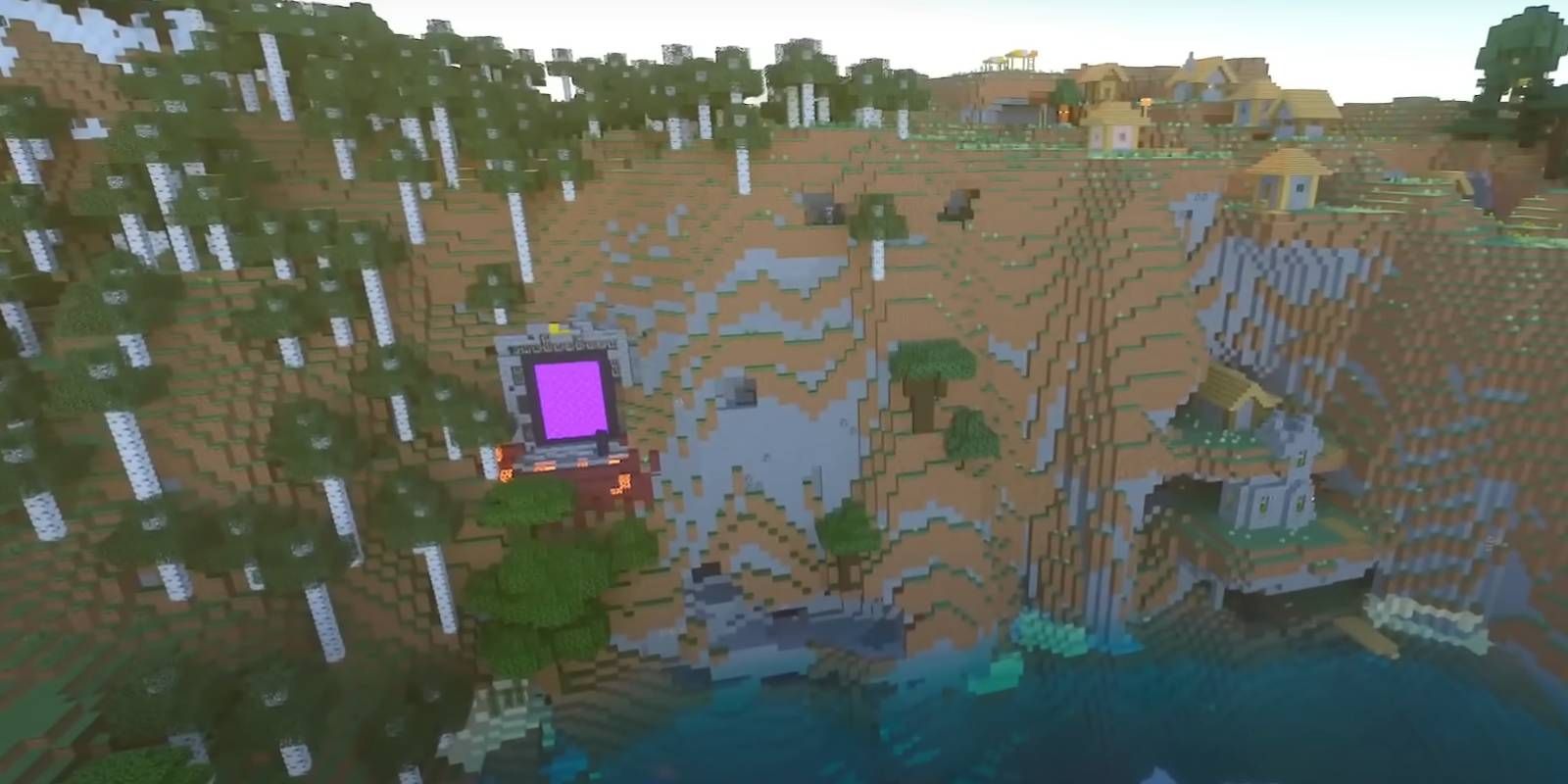 Minecraft Village and Nether Portal from 'Lakes of Water and Fire' 1.20 Bedrock world seed