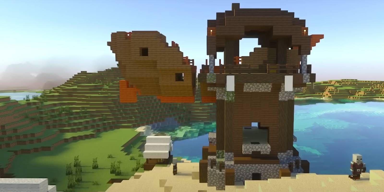 Minecraft crashed ship in Pillager Outpost from 'Strange Shipwreck' 1.20 Bedrock world seed