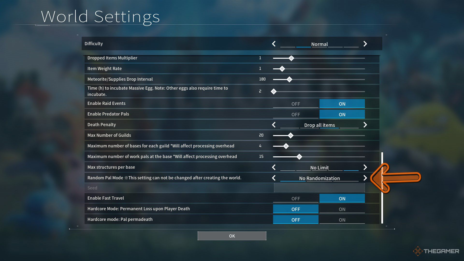 Buttons to adjust the randomizer in Palworld