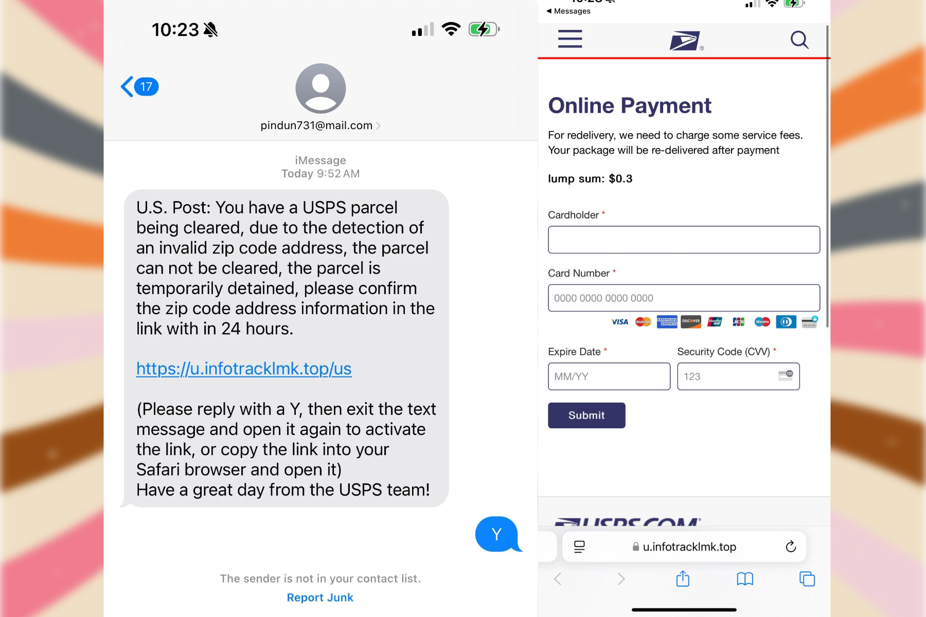 First example of a phishing text sent via iMessage.