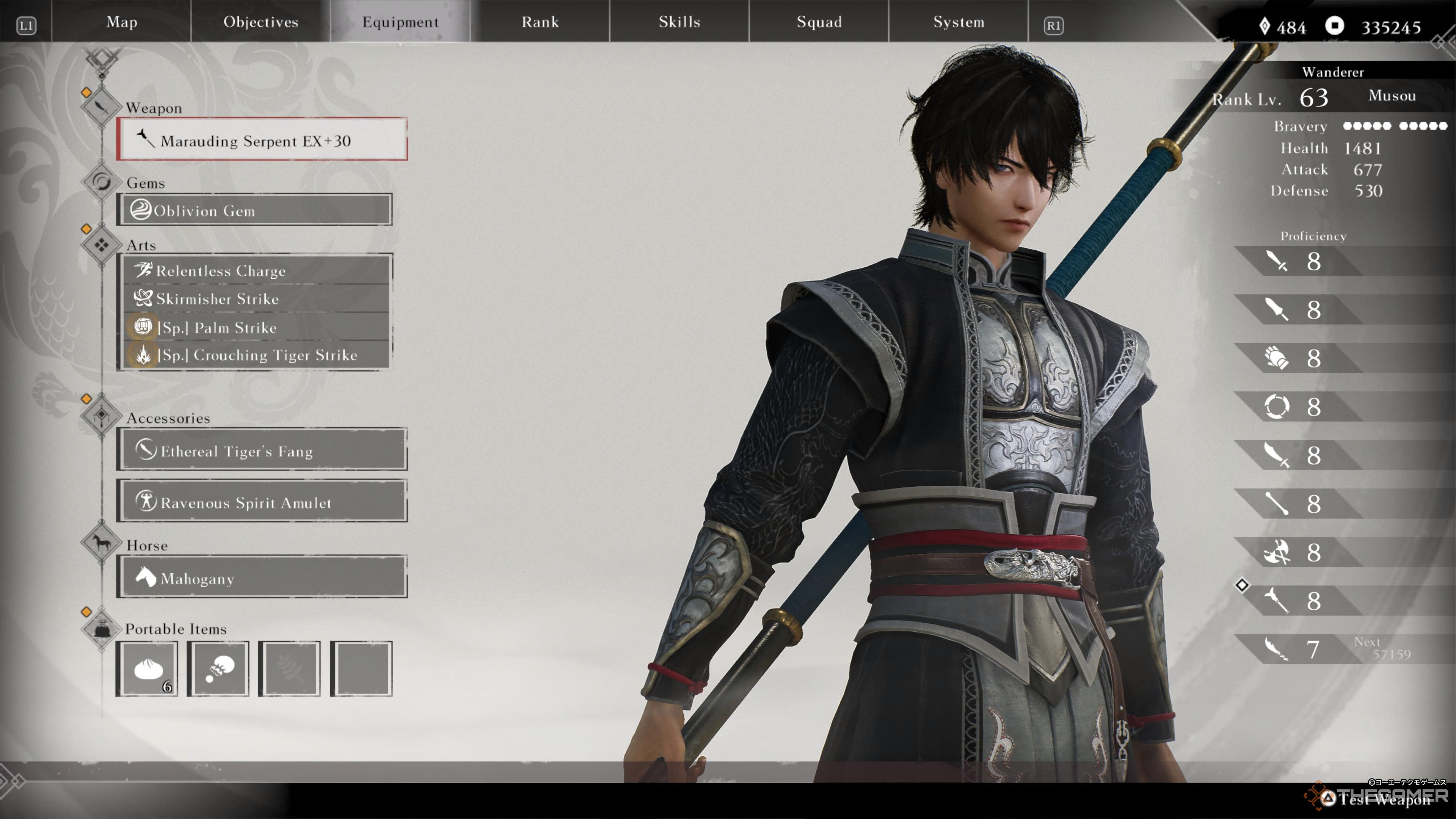 A late-game lance build on the menu screen of Dynasty Warriors: Origins.