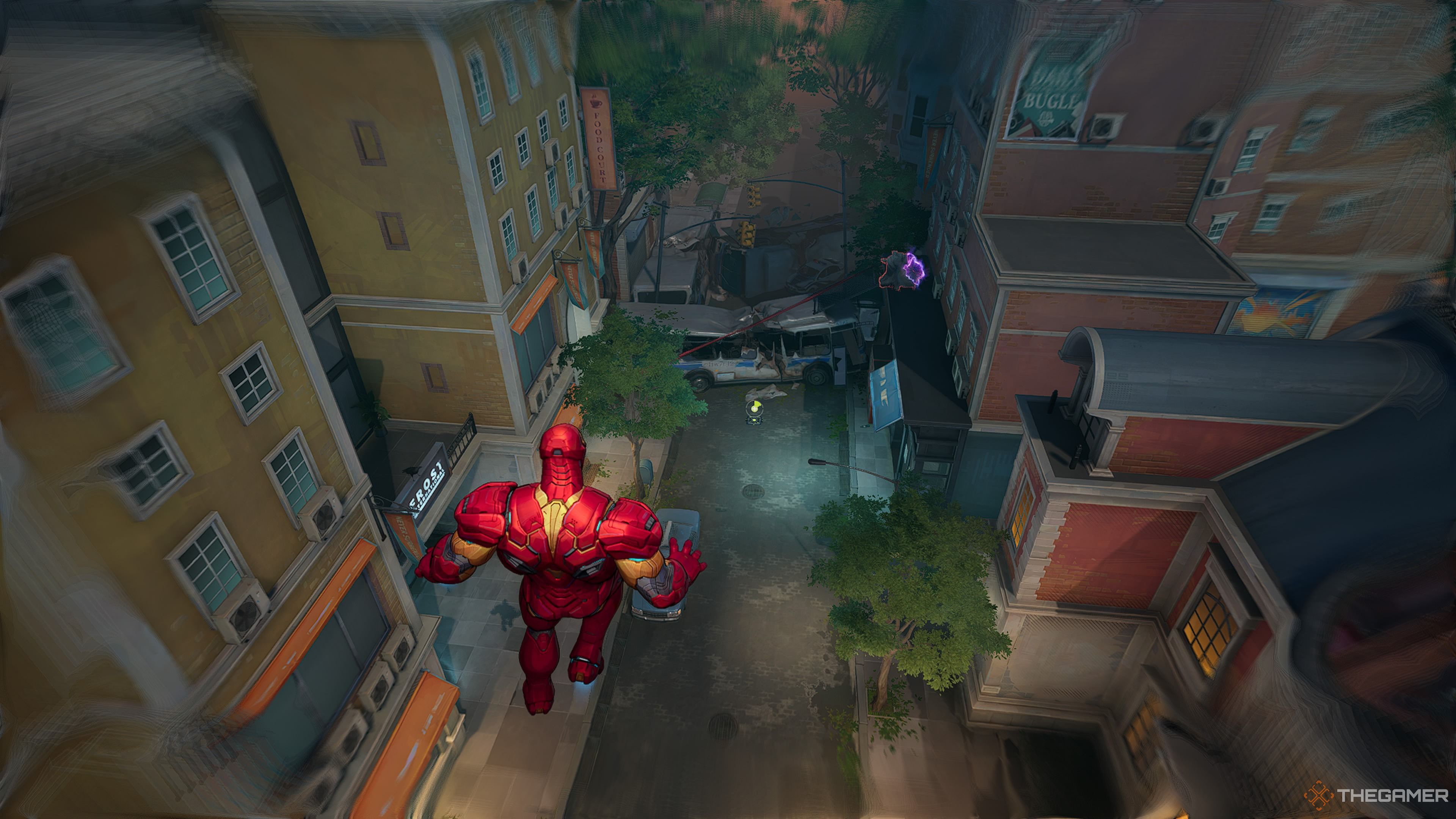 An image shows Iron Man flying above the streets in a Doom Match. Clock and Dagger can be seen battling against another player in the background.