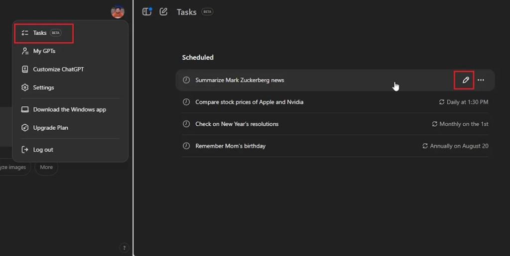 edit and delete tasks in chatgpt