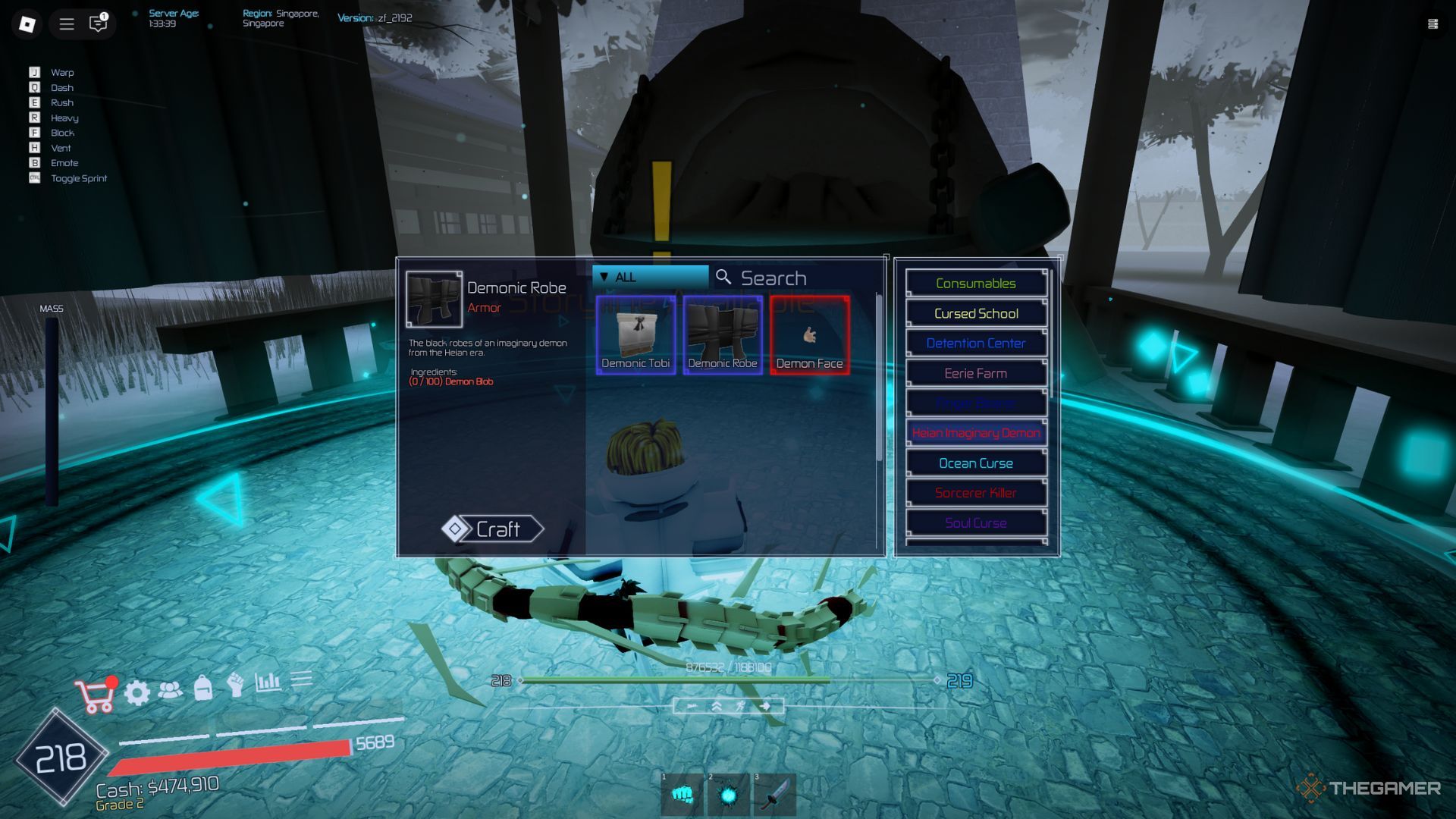 A player character displays the Demonic Robe at a crafting station in Jujutsu Infinite.