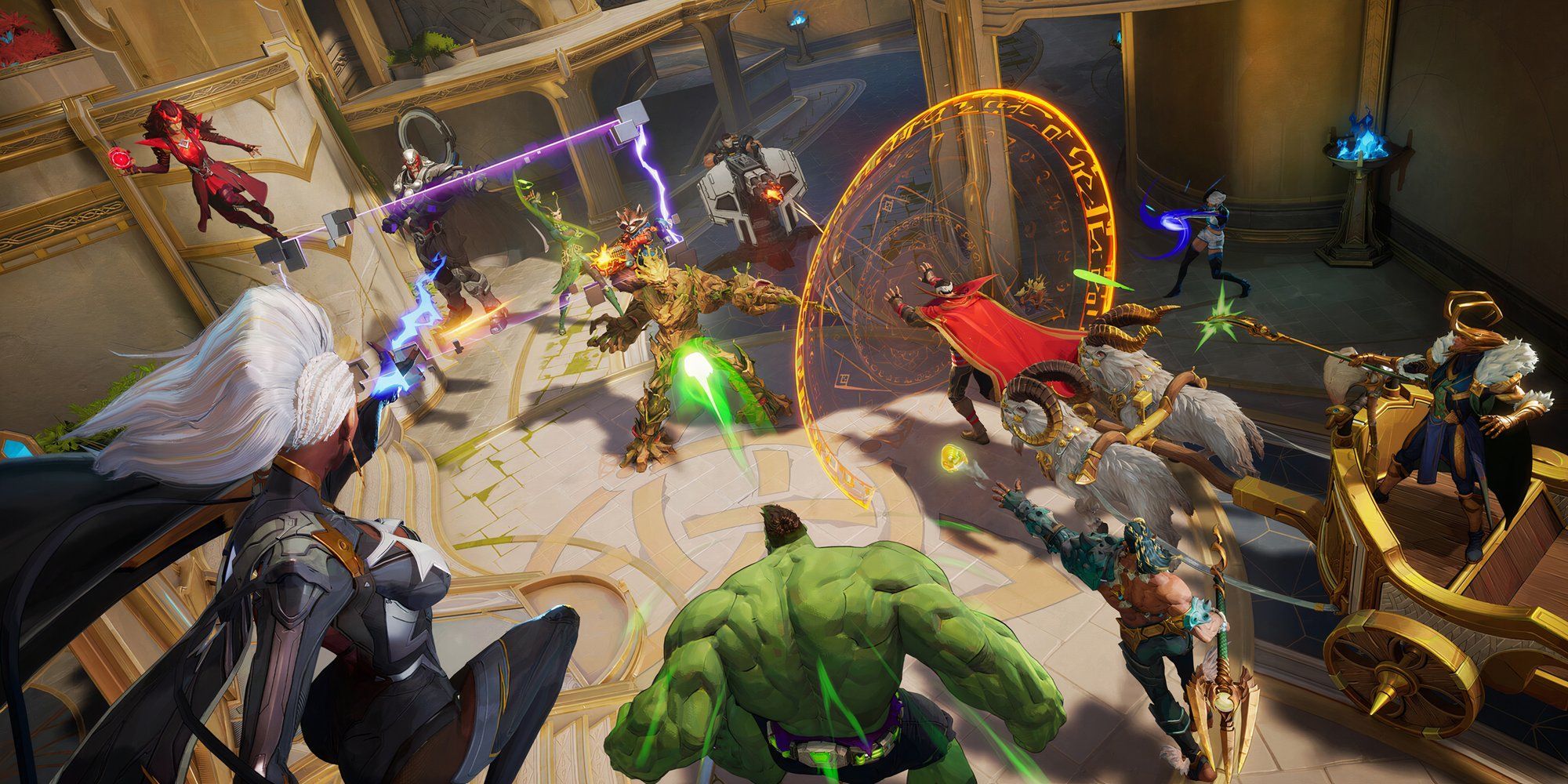 A large group of heroes in a massive firefight from Marvel Rivals.