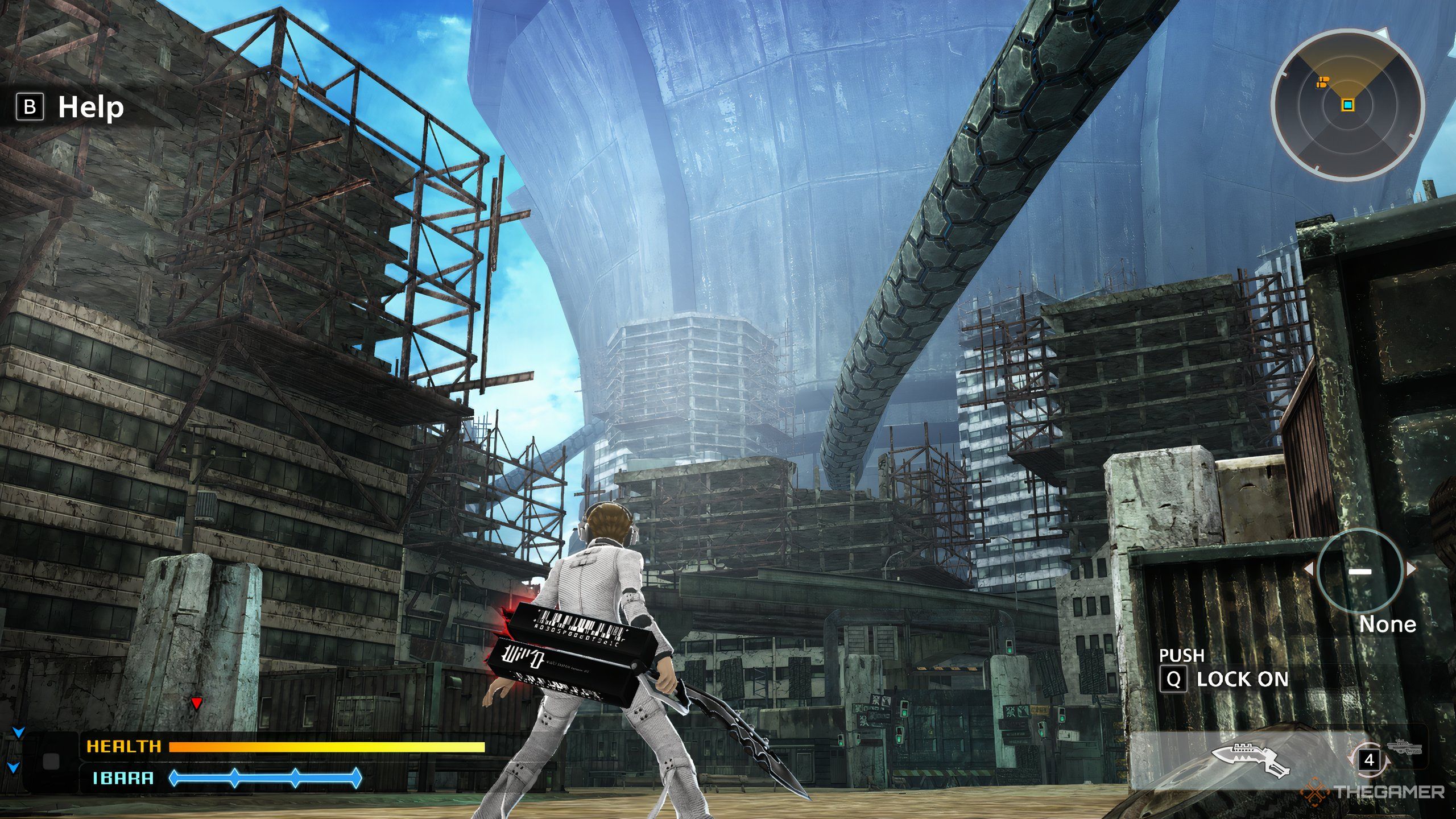 The Protagonist staring at the enormous structures in Freedom Wars: Remastered.