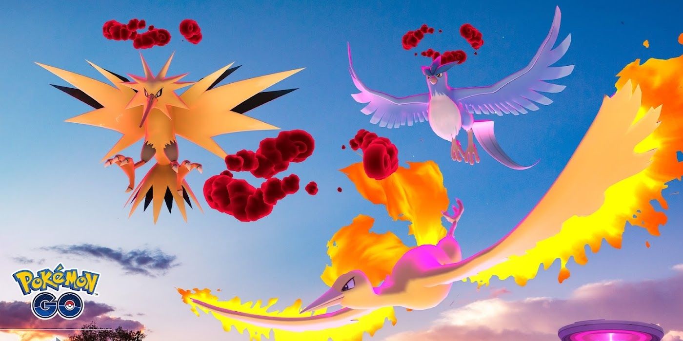 Key art featuring Zapdos, Articuno, and Moltres for the Pokémon GO Legendary Flight event