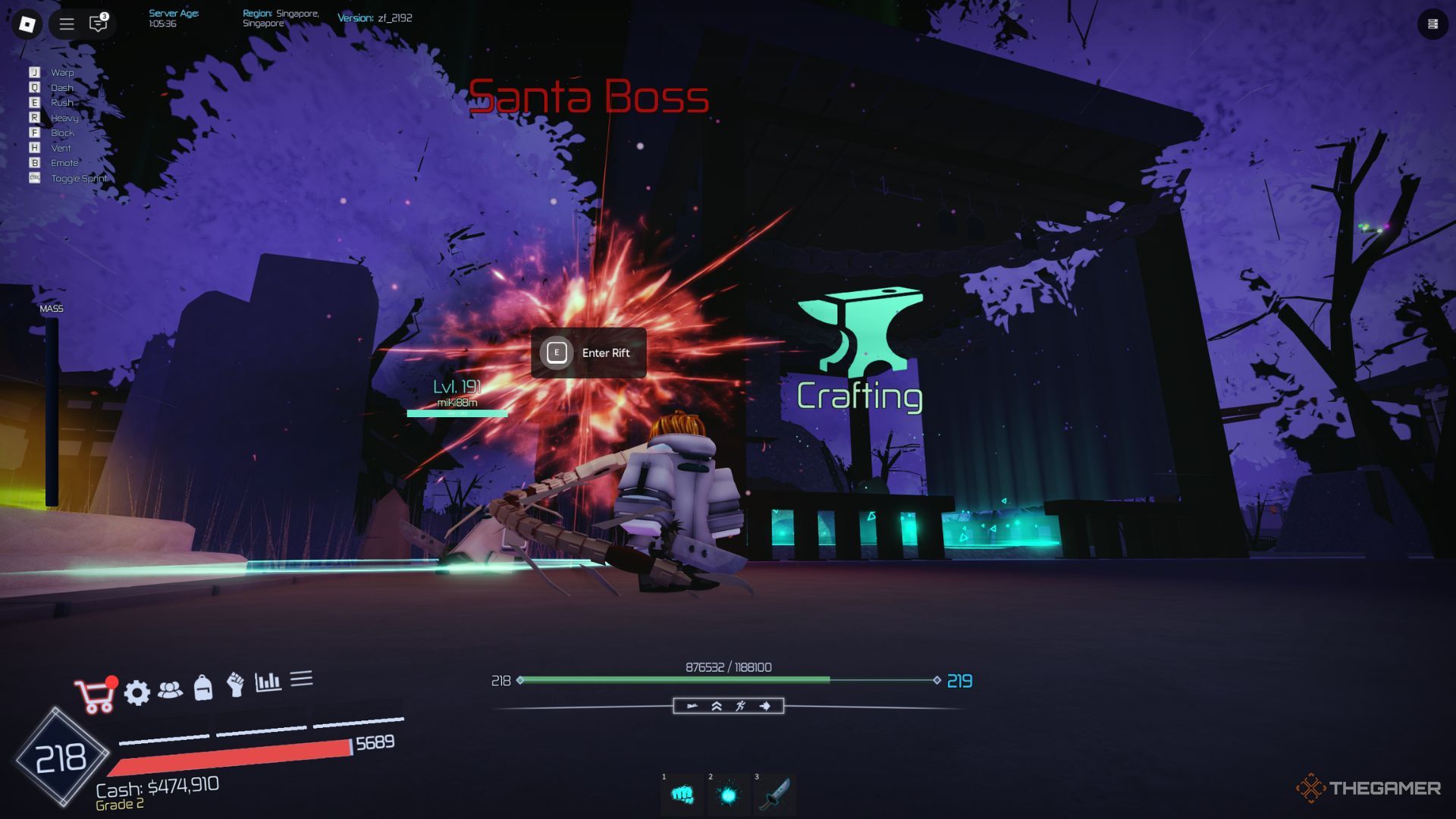 The player character shows the Santa Boss rift next to the crafting station in the main lobby of Jujutsu Infinite.