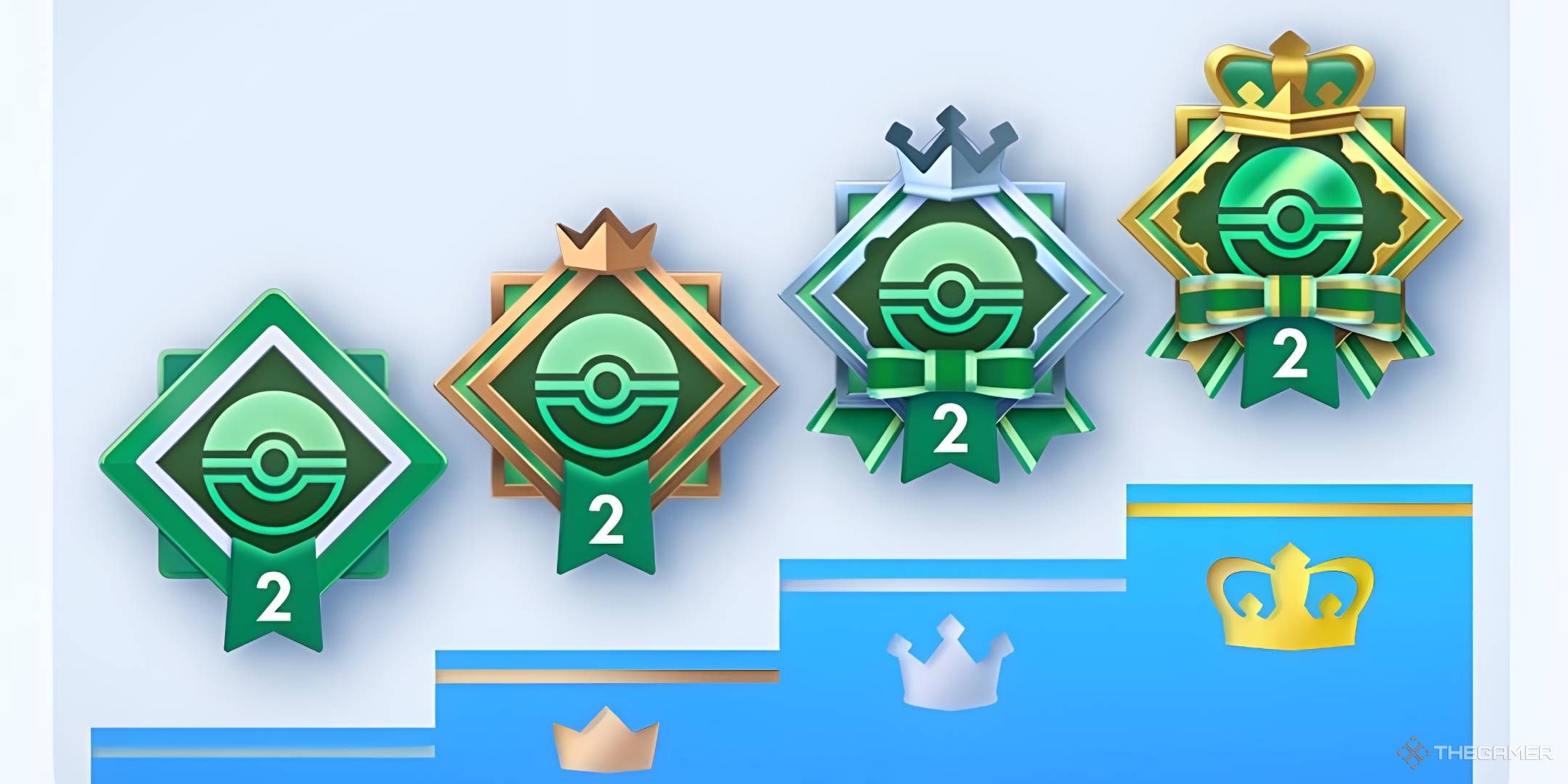 Participation, Bronze, Silver, and Gold emblems, on a podium.