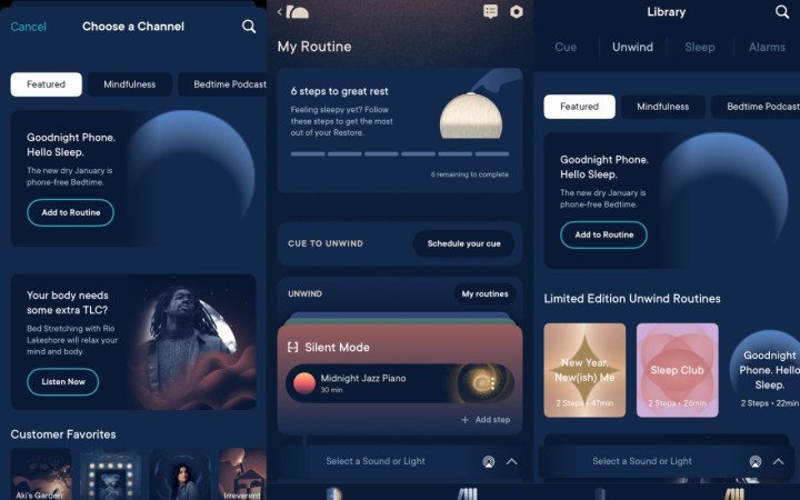 A collage of various menus in the Hatch Sleep app.