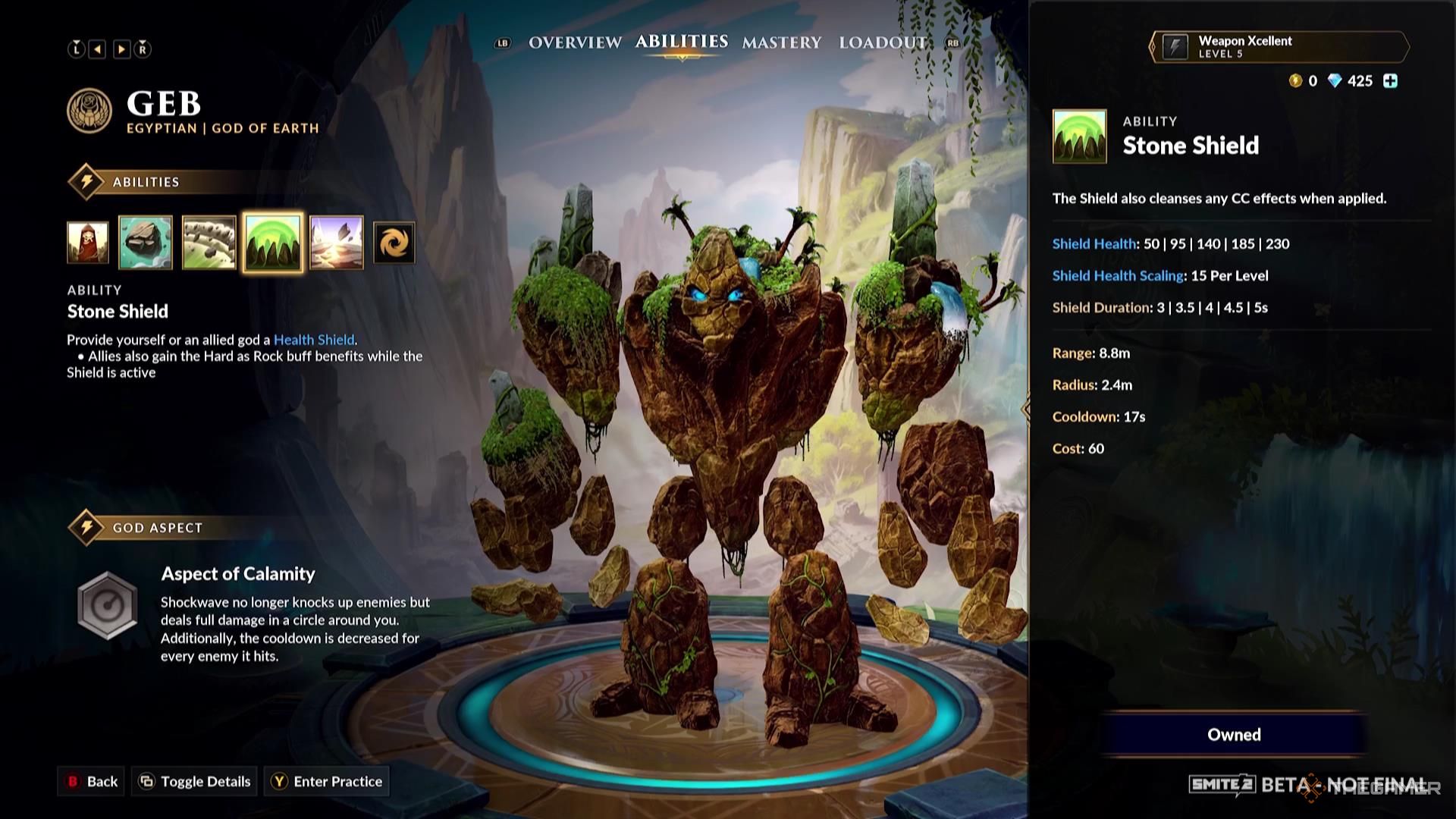 The Stone Shield ability description for Geb in Smite 2.