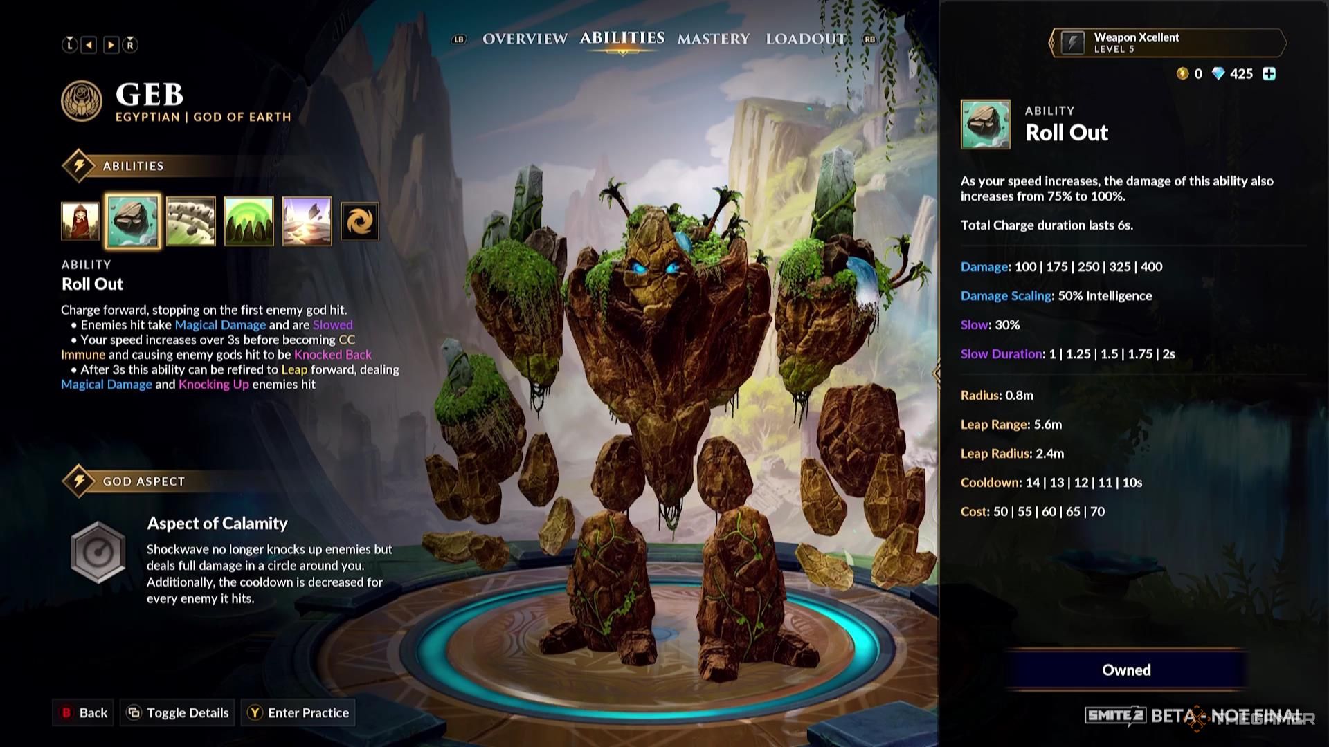 The Roll Out ability description for Geb in Smite 2.