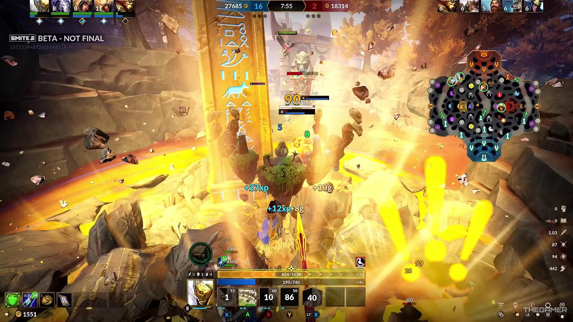 Geb uses the Cataclysm ability to decimate two enemy Gods in Smite 2.