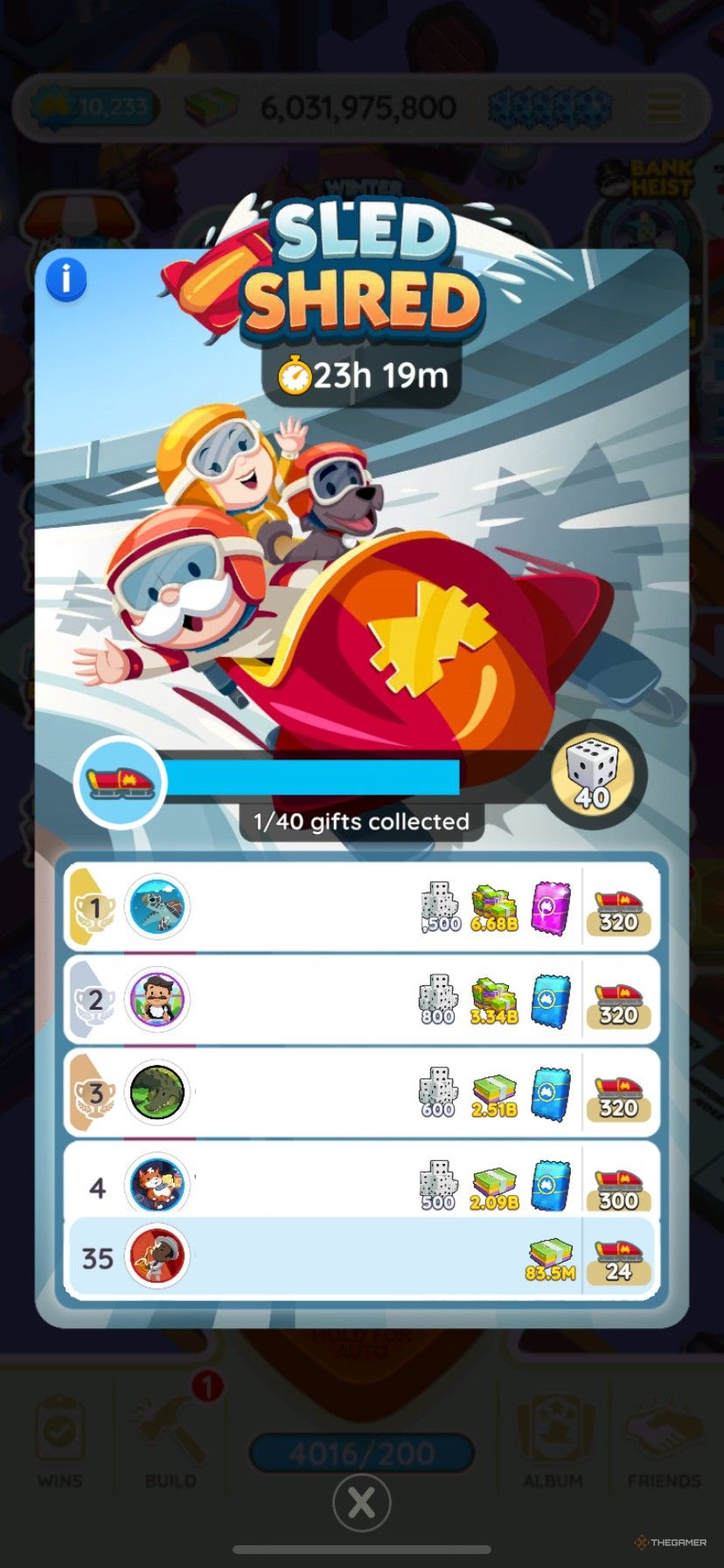 A leaderboard in Sled Shred in Monopoly Go.