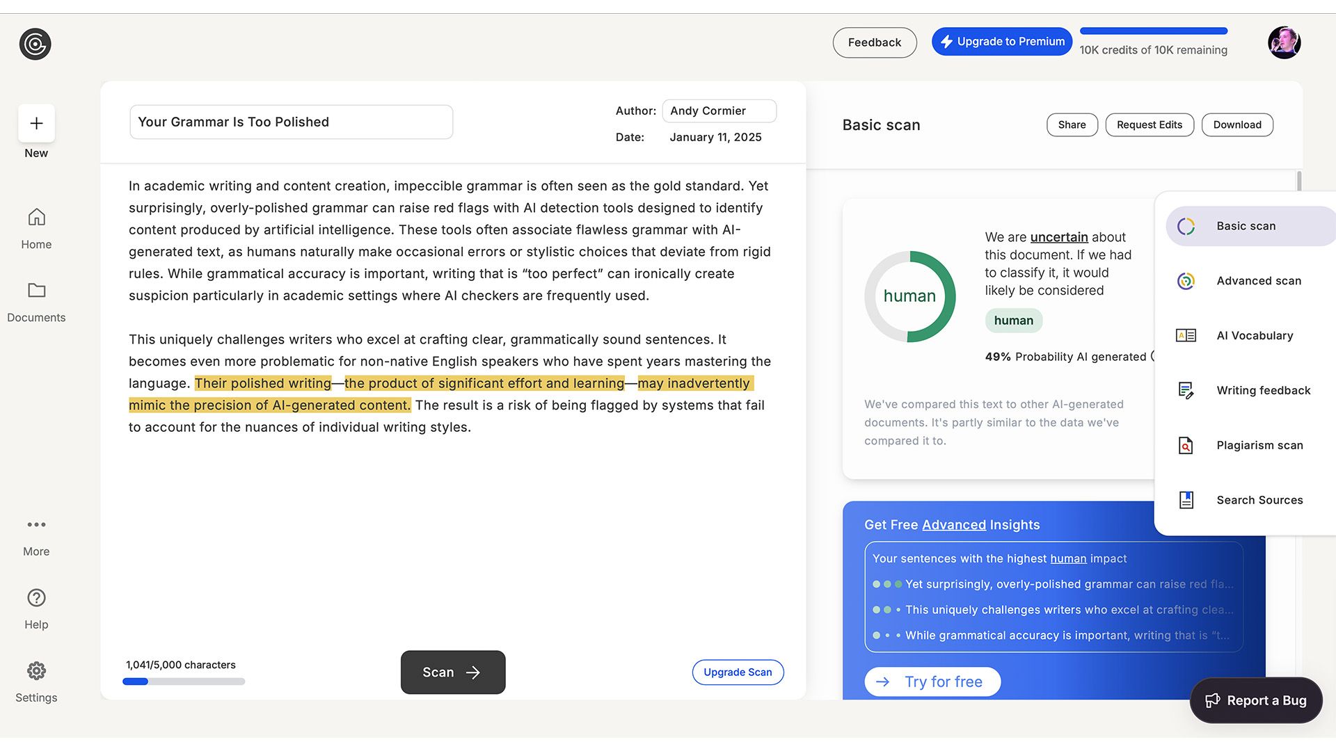 AI detection showing human-generated with 49% score