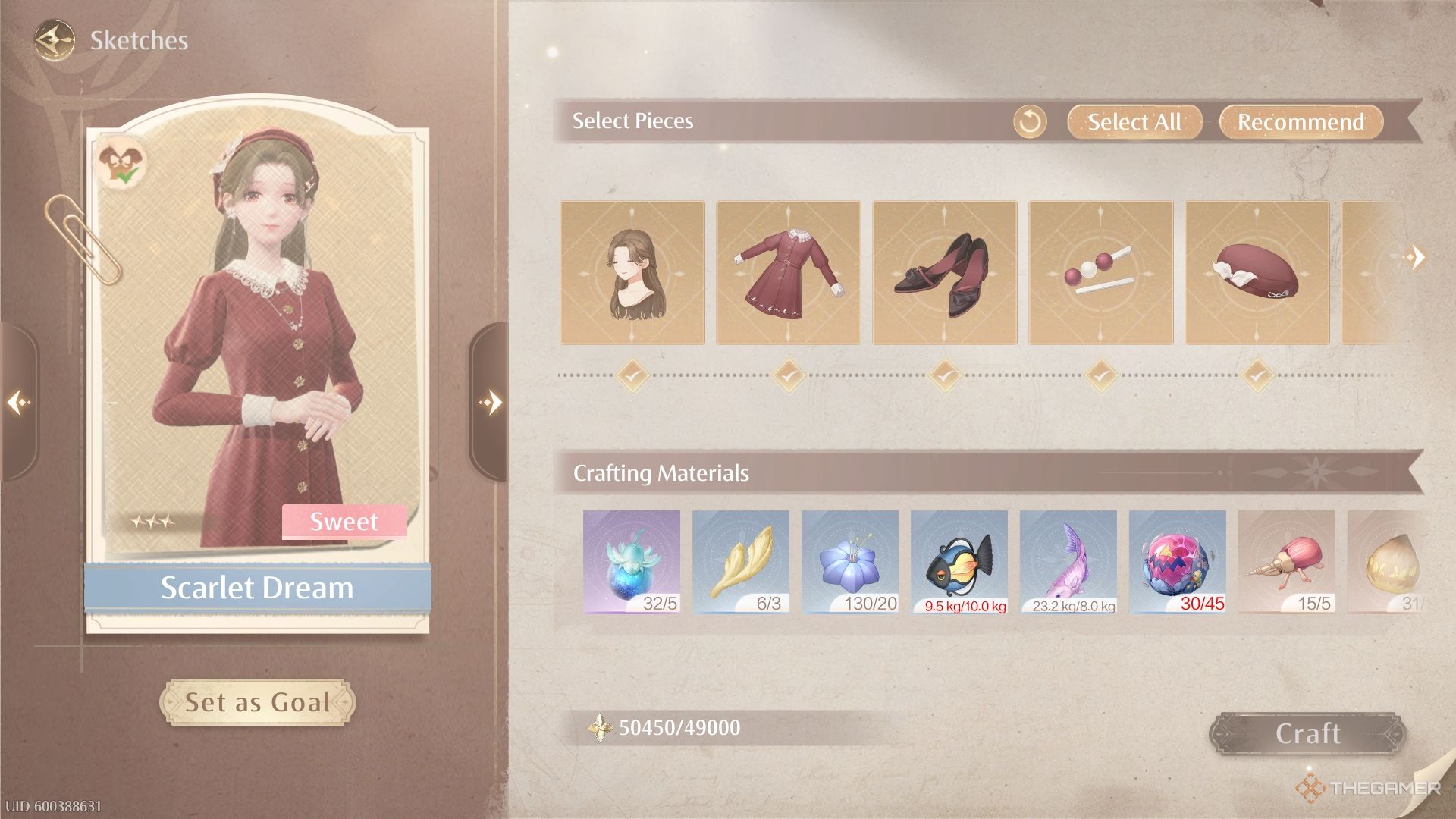Crafting the Scarlet Dreams outfit from the sketches menu, including a list of required materials.