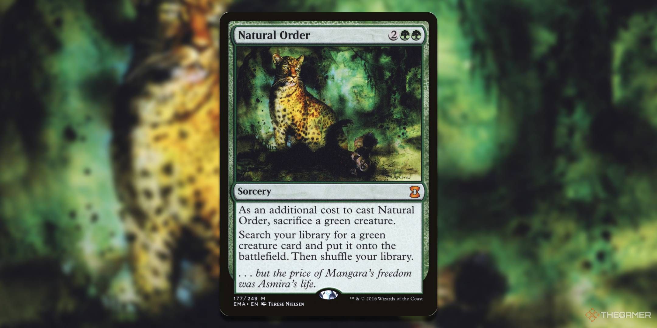 MTG Natural Order card with art in the background.
