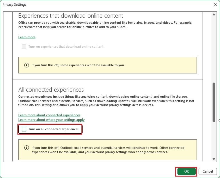 Disable connected experiences in Office apps