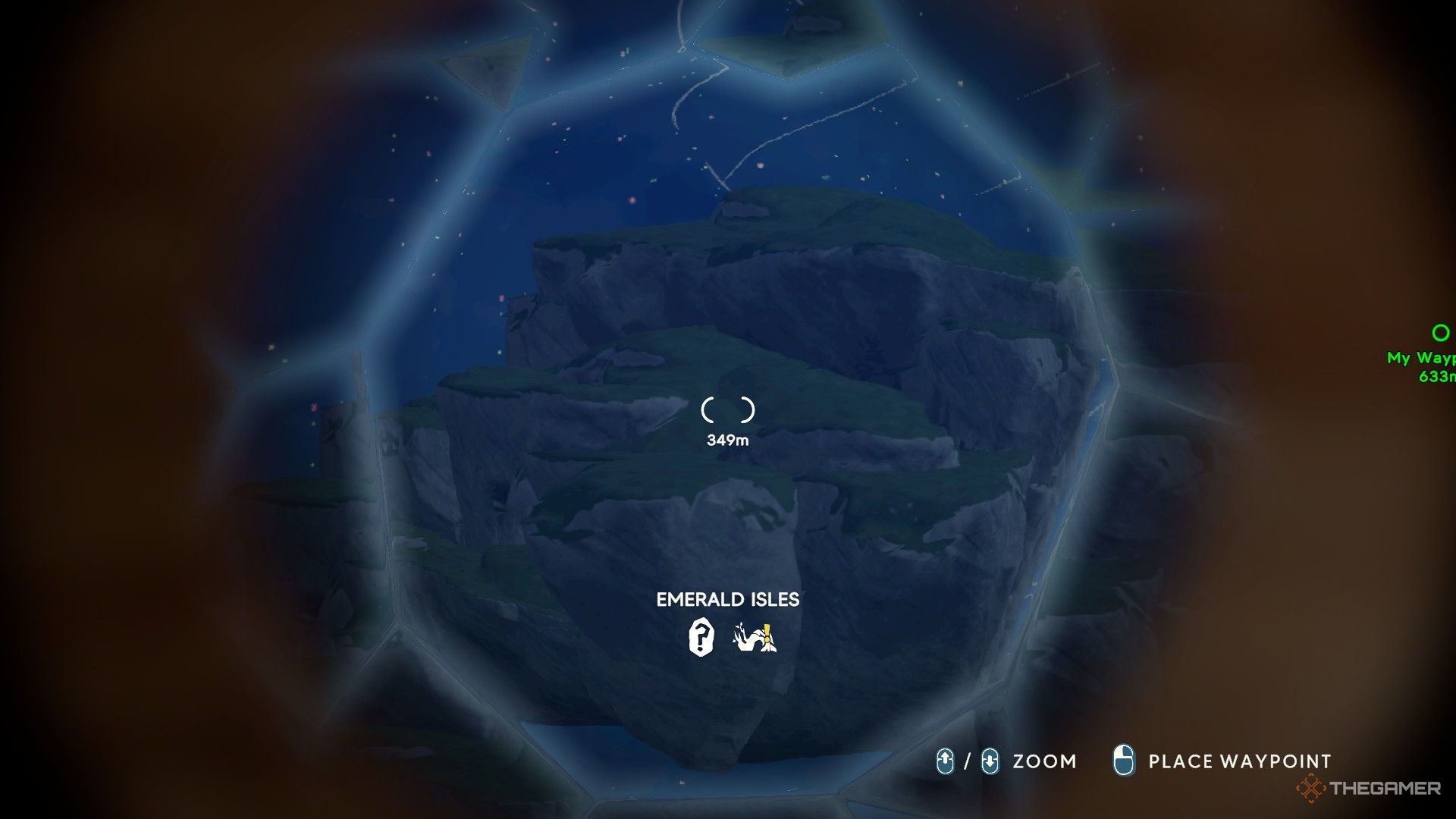 Player using a Spyglass to zoom in on an island in Aloft.