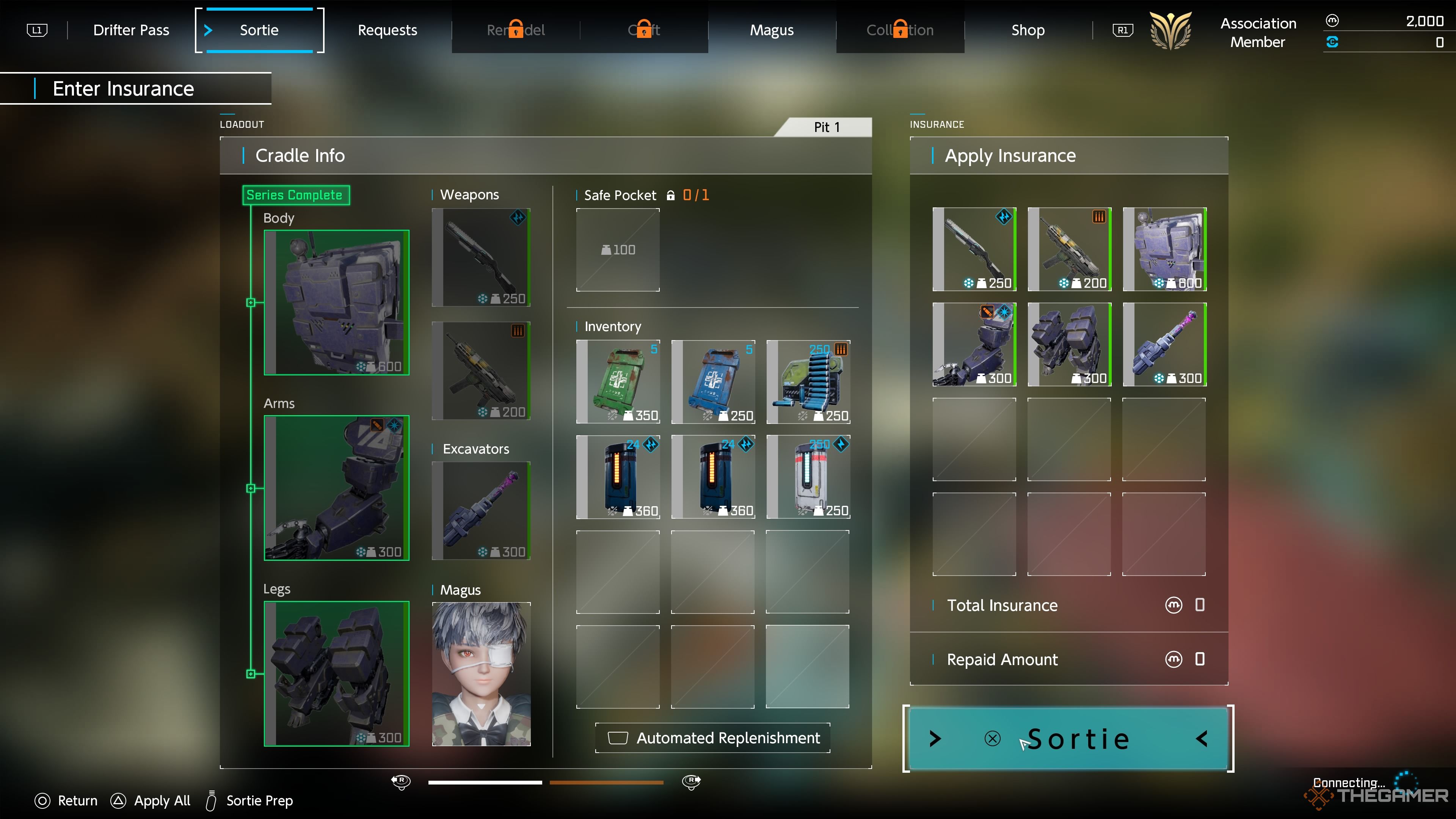 SYNDUALITY Echo of Ada sortie menu showing the parts of the cradlecoffin and inventory.