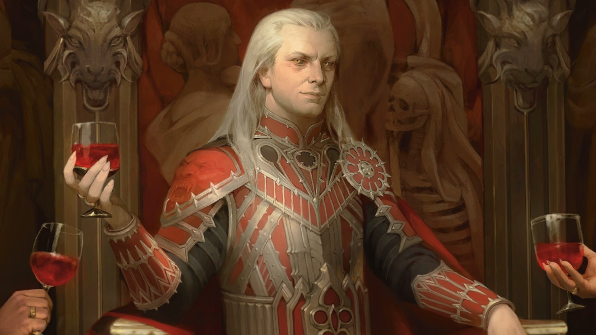 A man in red armor holds a wine glass filled with blood while seated on a skeleton throne