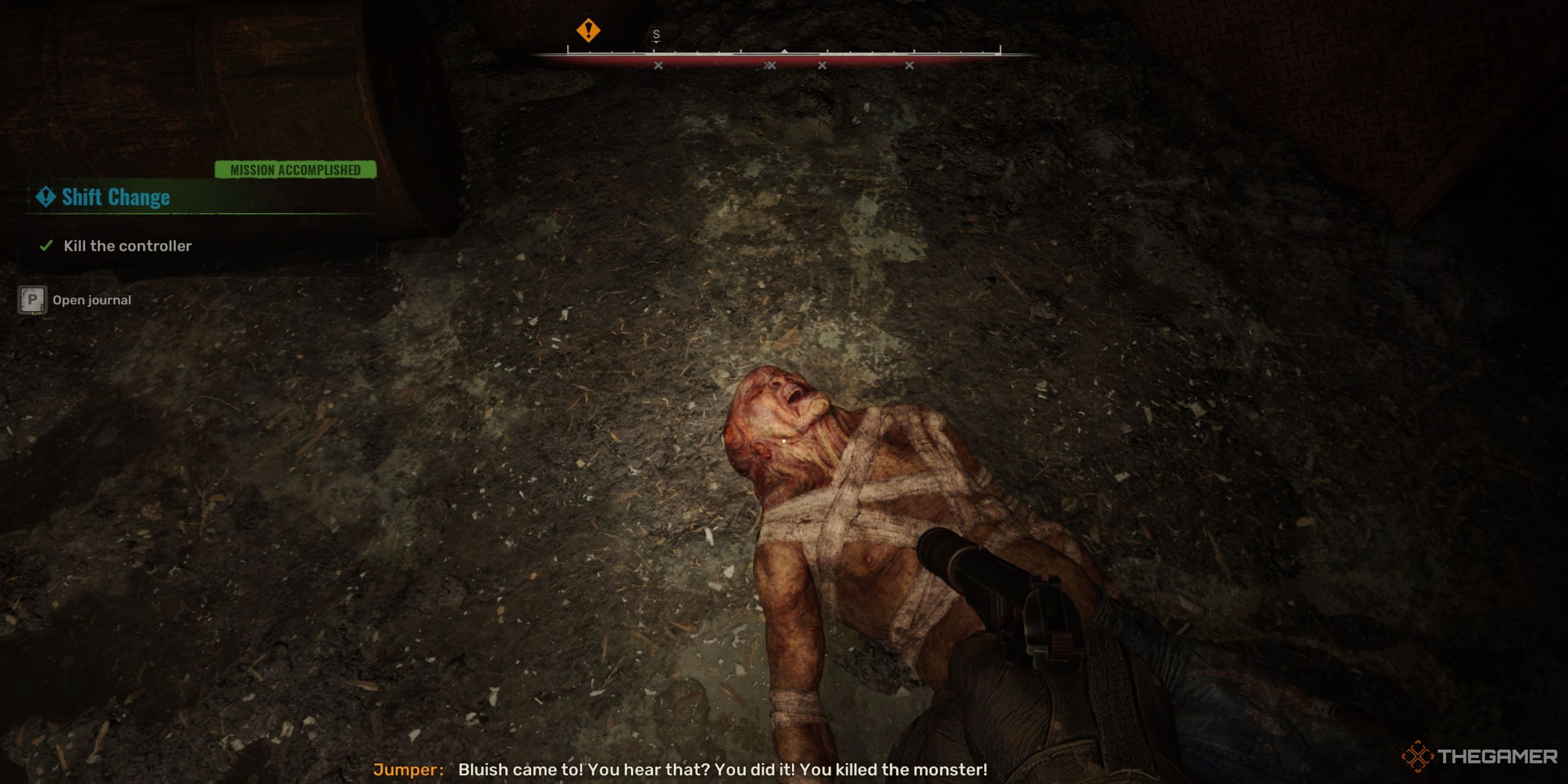 Skif standing in front of a dead controller with his silenced pistol equipped.